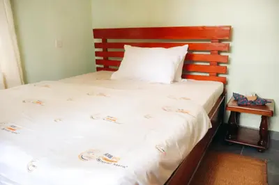 a bedroom with a bed with a wooden headboard at Mesa Home Apartment in Arusha