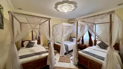 two beds in a bedroom with curtains and a chandelier at Ultra Home Apartment in Themi