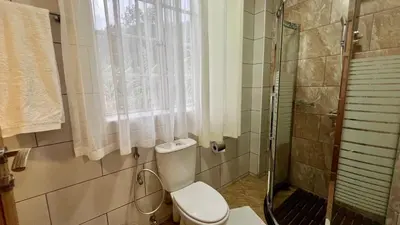 a bathroom with a toilet and a shower at Iwandaa Apartments in Nkoanrua