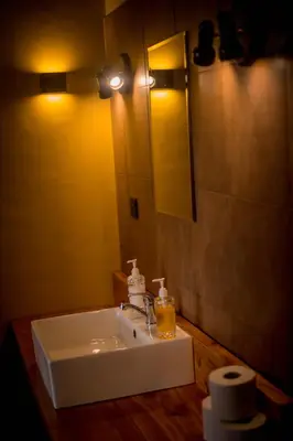 a bathroom with a white sink and a mirror at Shamba Lodge Cabin B in Arusha
